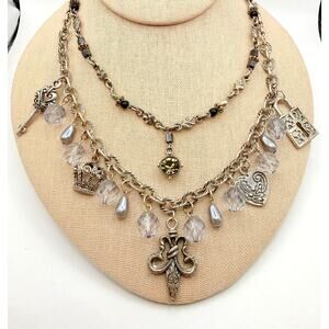 2 Vintage Robert Rose Necklaces Charm Glass Crystal Heart Crown Key Silver Tone